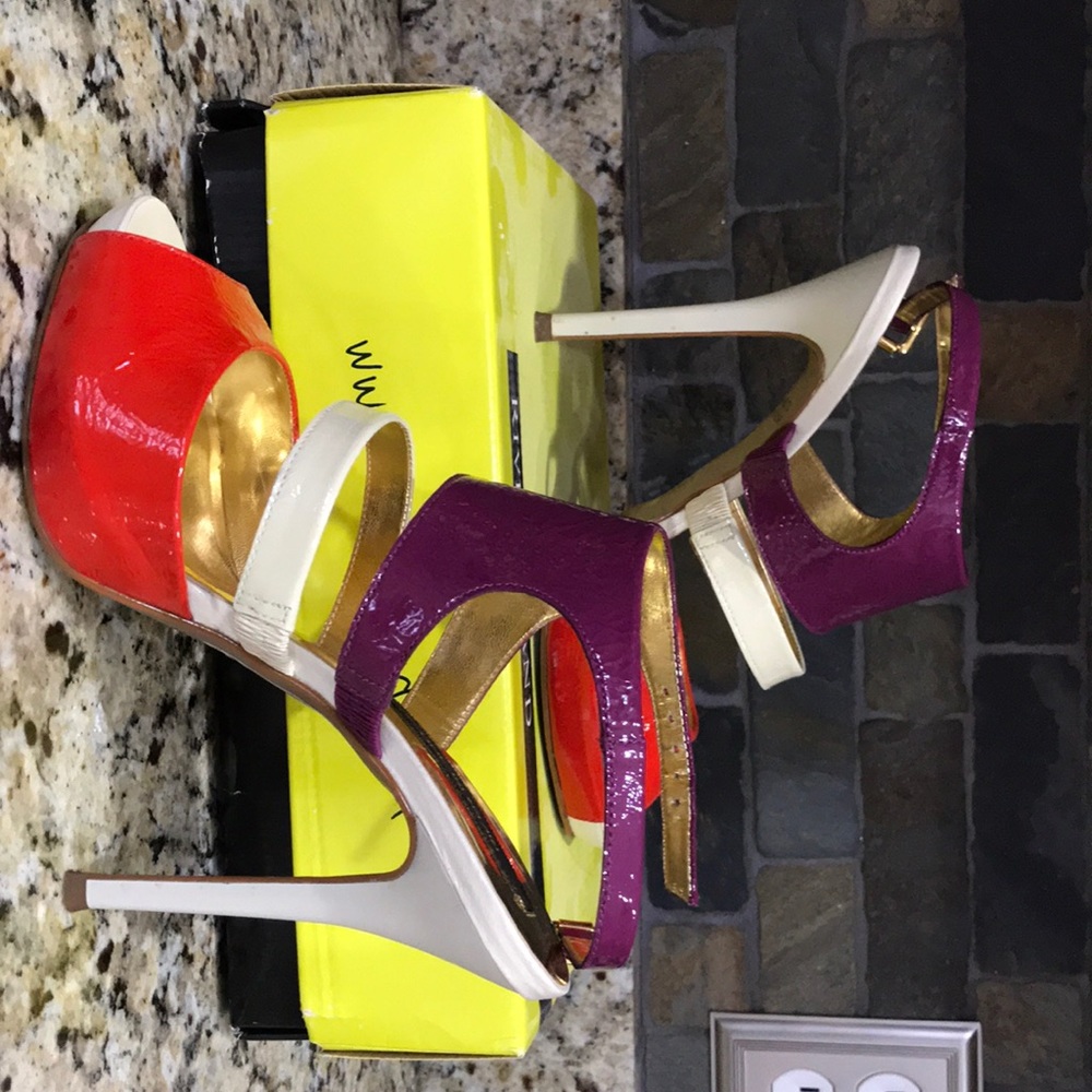 River Island heeled sandals red cream and purple - Picture 7 of 8